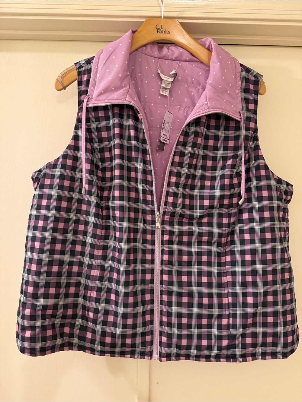 CJ Banks Pink and Navy Purple Plaid Reversible Puffer Vest